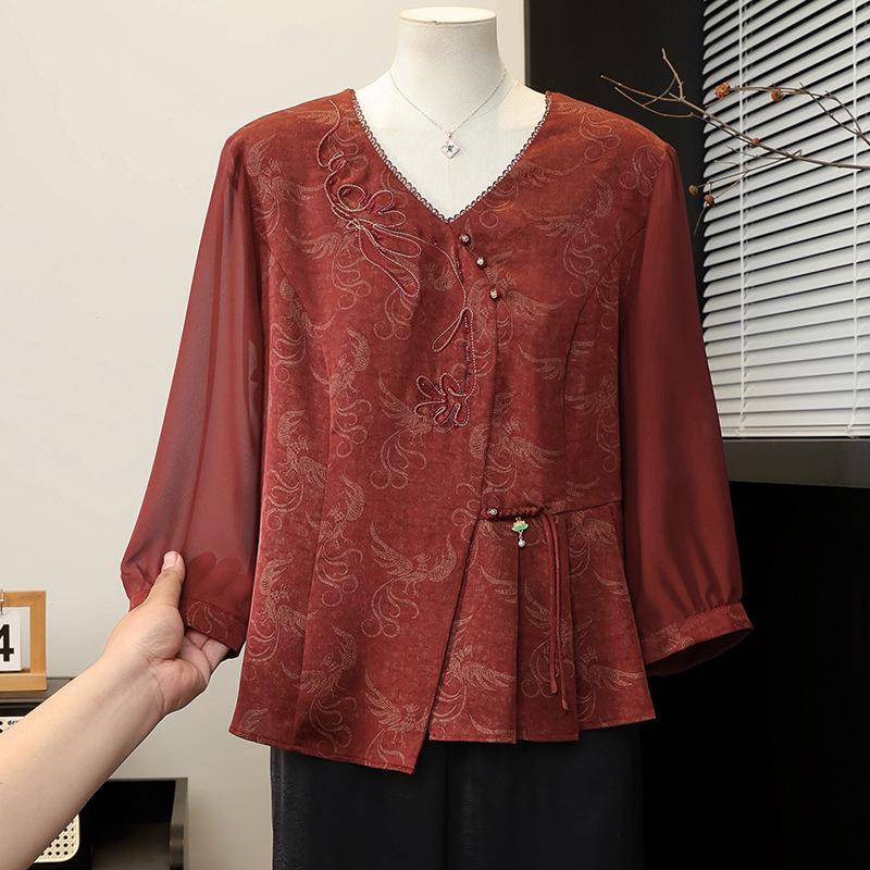 

Chic V-neck Mid-Sleeve Blouse for Middle-aged Moms, Spring/Summer New Arrival, Chinese Style. 4XL (Approx. 65-72.5 kg)