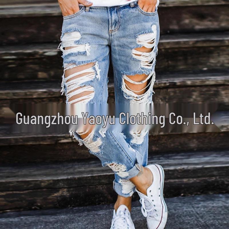 European-American Style Women's Cut-Out Ripped Jeans, Light Blue, Slim-Fit Casual Hot Pants