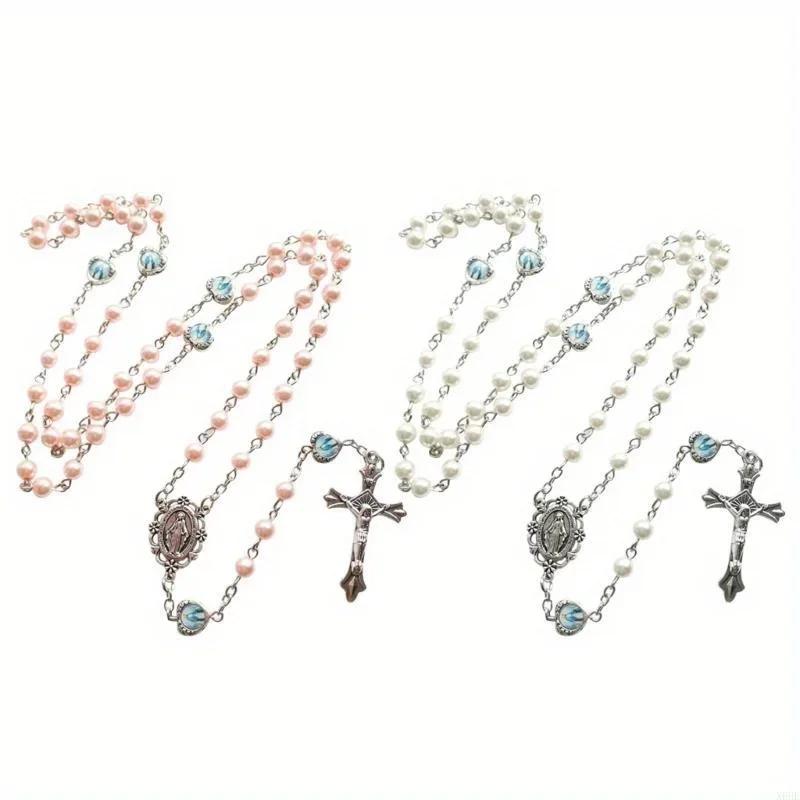 1pc Crucifix Cross-Charm Long Chain Rosary Beads Catholic Necklace for Women Christian Amulet Necklace Religious Jewelry