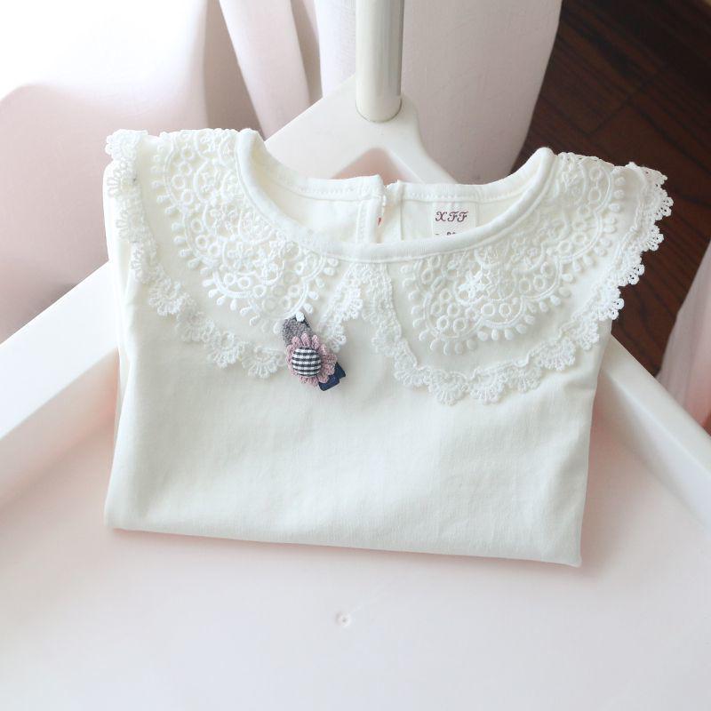 Girls' White Peter Pan Collar Long Sleeve Cotton T-Shirt for Spring/Autumn