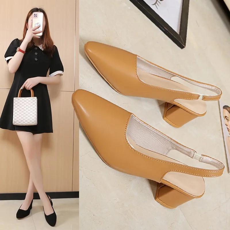 2024 New Women Pumps Pointed Thick High Heels Women's Baotou Sandals Back Hollow Shallow Ladies Shoes Solid Slip On Heels Women