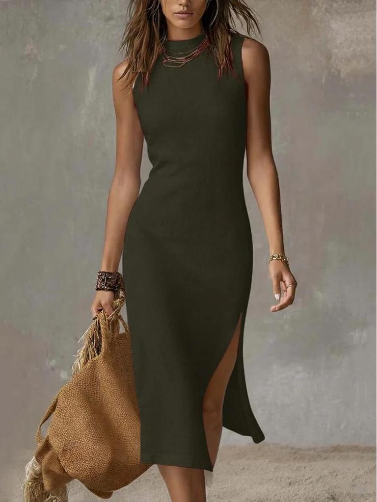 2026 European Women's Sleeveless Solid Vest & High Slit Knit Dress