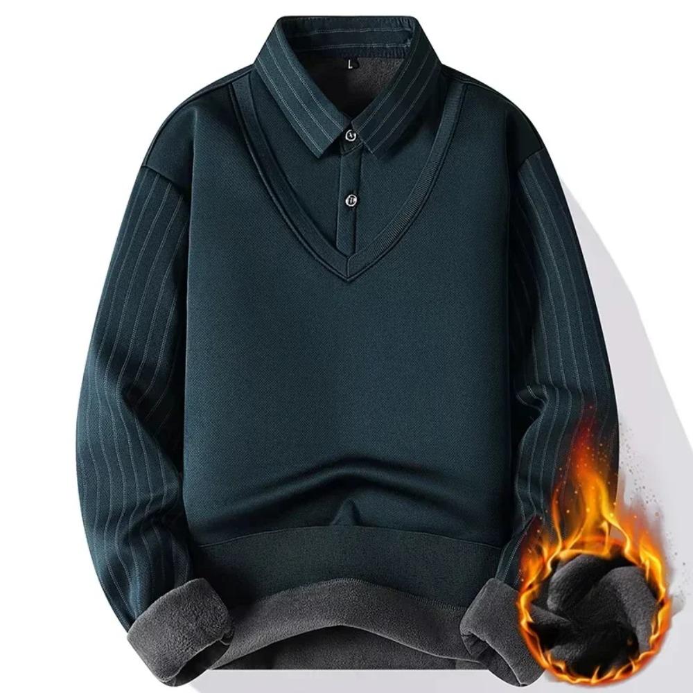 Herren Fake Zweiteiliger Pullover Strickpullover 2025 Winter Warmes Oberteil Verdicktes Samt-Fleece gefüttertes Hemdkragen-Sweatshirt Herrenbekleidung