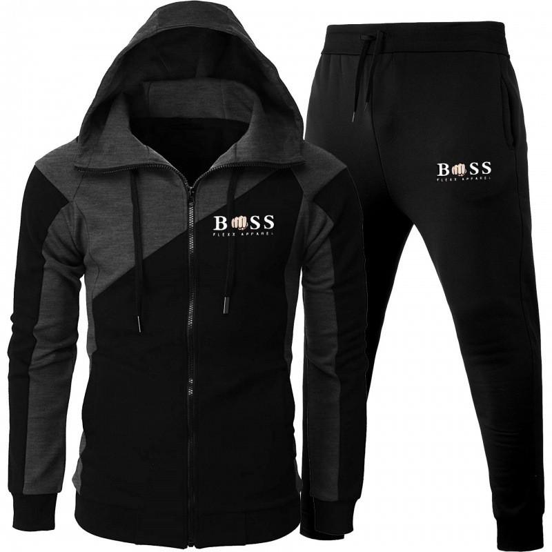 Mens Hooded Sportswear Set Long Sleeve Top Pants Casual Tracksuit Fall Lightweight Warm Cotton Blend