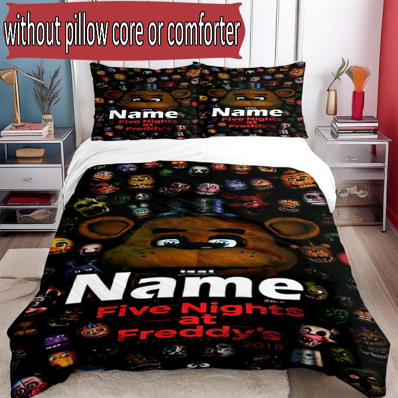 3'lü Nevresim Takımı (1*Nevresim Kılıfı + 2*Yastık Kılıfı, Çekirdeksiz), Özel İsimli Five Nights at Freddy's Desenli Nevresim Takımı, Ev Yatak Odası Dekorasyonu Hediye