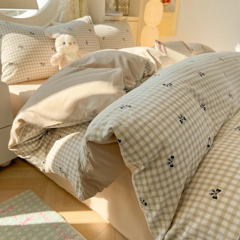 

New Quilt Set Washed Cotton Ins Style Bed Cover Four-piece Sheet Set - Bow Check Pillowcase Included for Students 150x200 150x200cm 4pcs&set