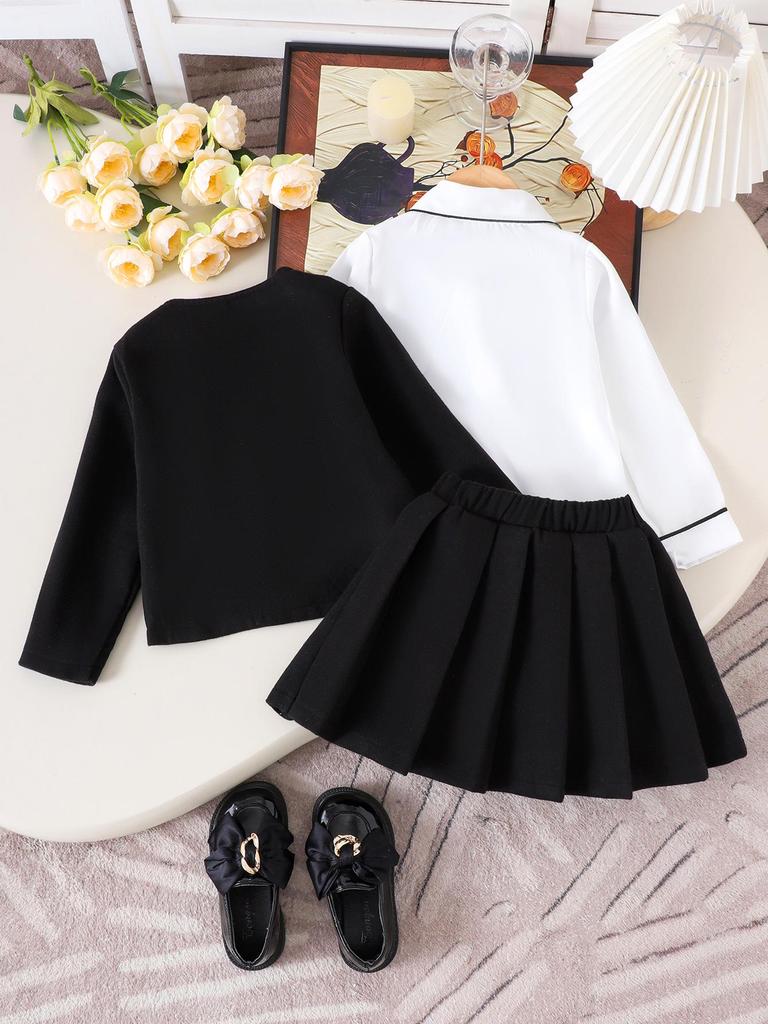 European & American Children's Clothing Set: Black Coat, White Shirt & Skirt for Girls