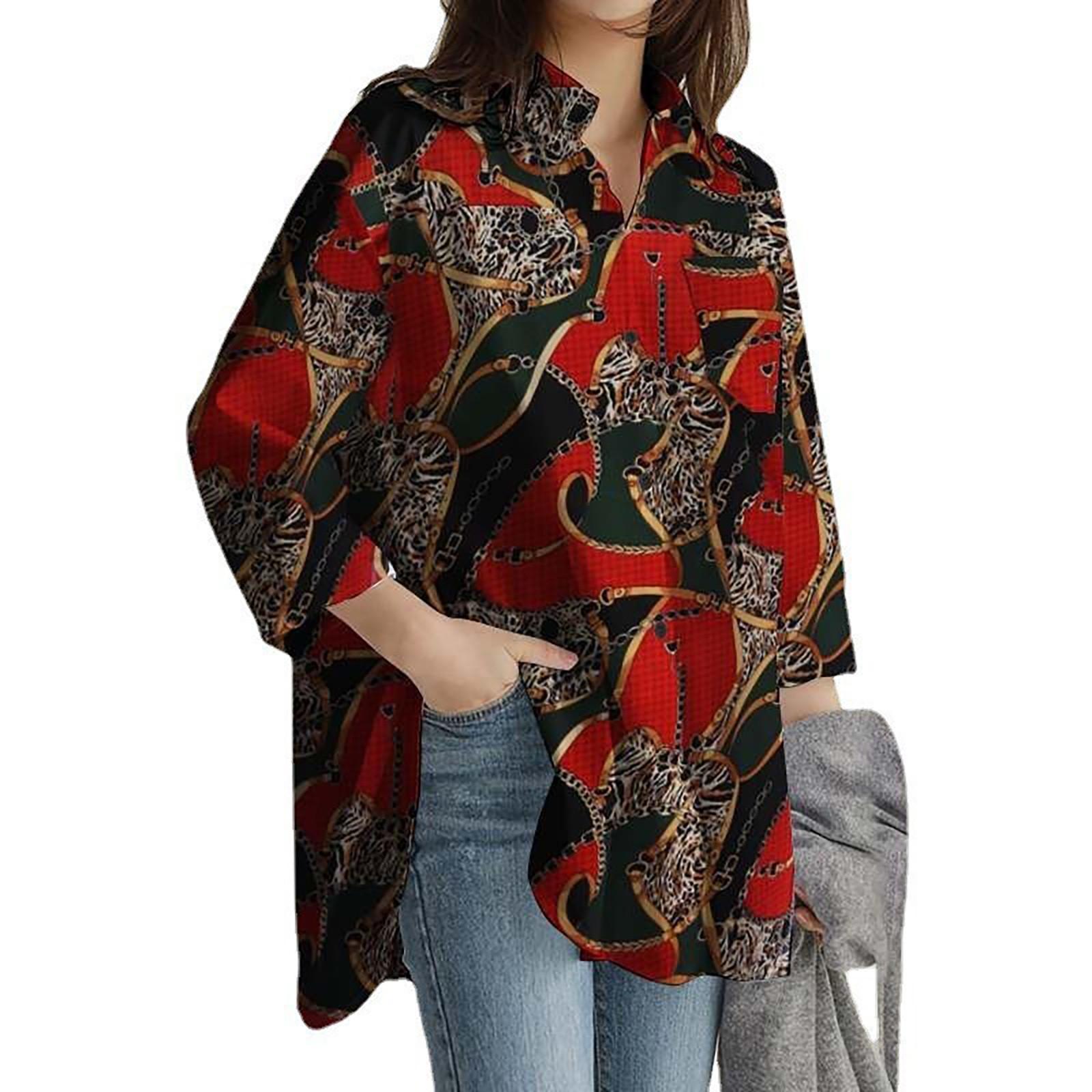 

Women s Casual Fashion Print Single-breasted Lapel Stitching Long-sleeved Loose Shirt XXXXXL червоний
