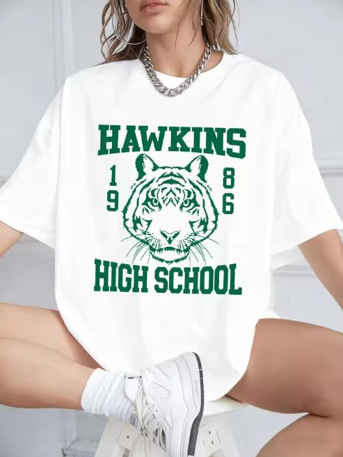 Hawkins High School Prints Cotton Tshirts Unisex Summer Short Sleeve Tops Street Oneck Oversized T Shirt Casual Unisexs Clothes