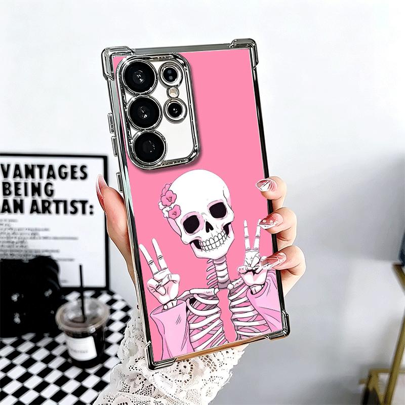 Pink Style Skull Witch Plating Phone Case For Samsung Galaxy S24 S25 FE S26 Edge S23 Ultra S22 S21 Plus S20 Anti-Fall Airabag Co