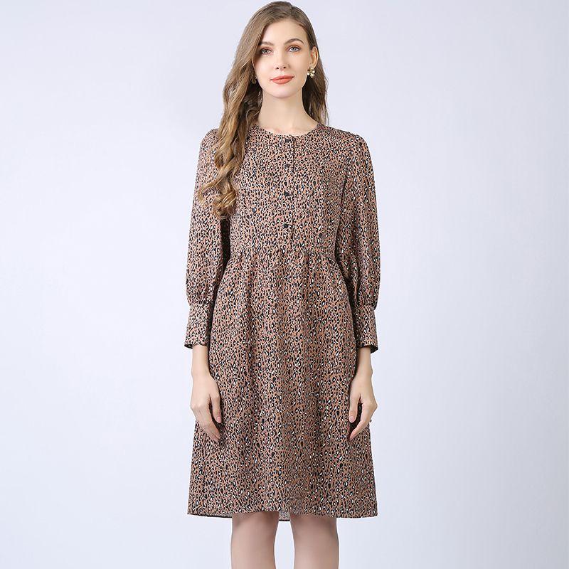 

Женское прямого кроя с длинным рукавом большого размера Шикарное потрясающее платье Brown(Leopard-print unlined) S(47.50 kg-55.00 kg)