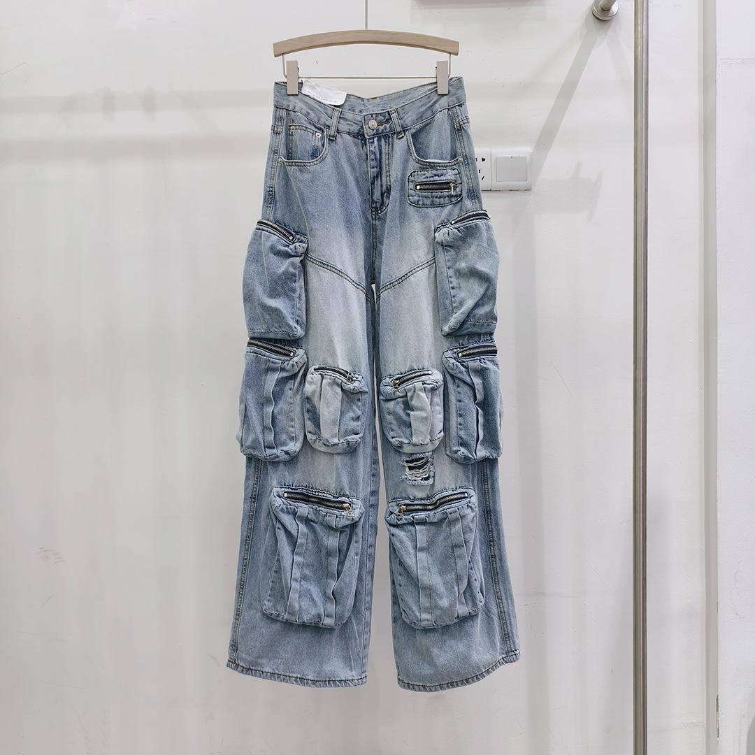 Heavy Industry Washing Water Ripped Retro Overalls New Straight Versatile High Street Skinny Multi-Pocket Jeans Tide S светло-синий