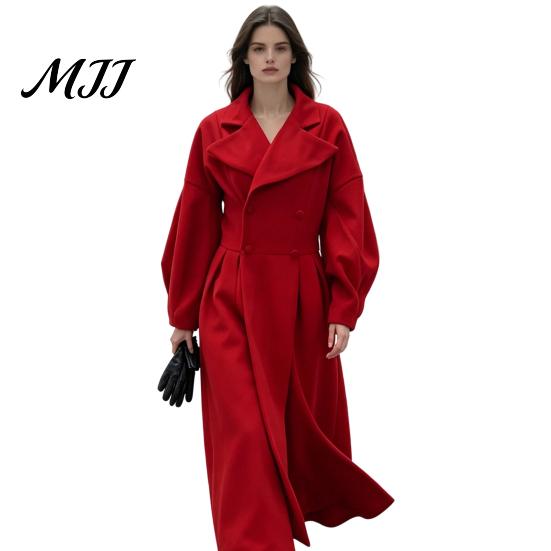 Casual Long Coat Women Wool for Fall Winter, Lantern Sleeve Winter Notch Lapel Overcoat, Double Breasted Trench with Pockets