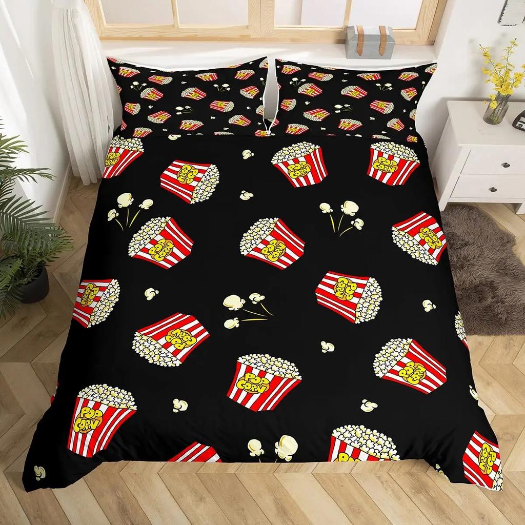 Popcorn Duvet Cover Movie Theater Food Bedding Set Microfiber Cinema Poster Comforter Cover Twin Full For Kids Teens Room Decor