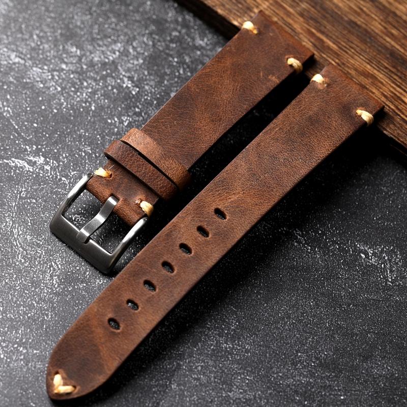 

Ремешок для часов из натуральной кожи ручной работы, старый, коричневый, черный, 18, 20, 22 мм, мягкий мужской винтажный браслет, браслет из воловьей кожи первого слоя 20mm