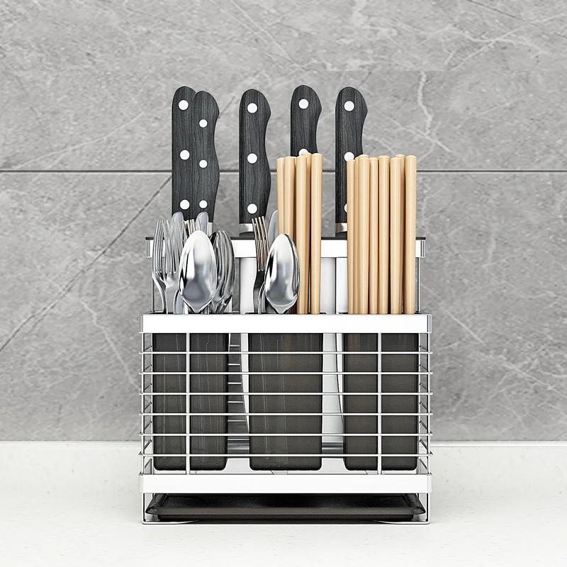 304 Stainless Steel Stand Wall Mounted Kitchen Storage Rack Knife Holder Cutlery Box Organizer Container
