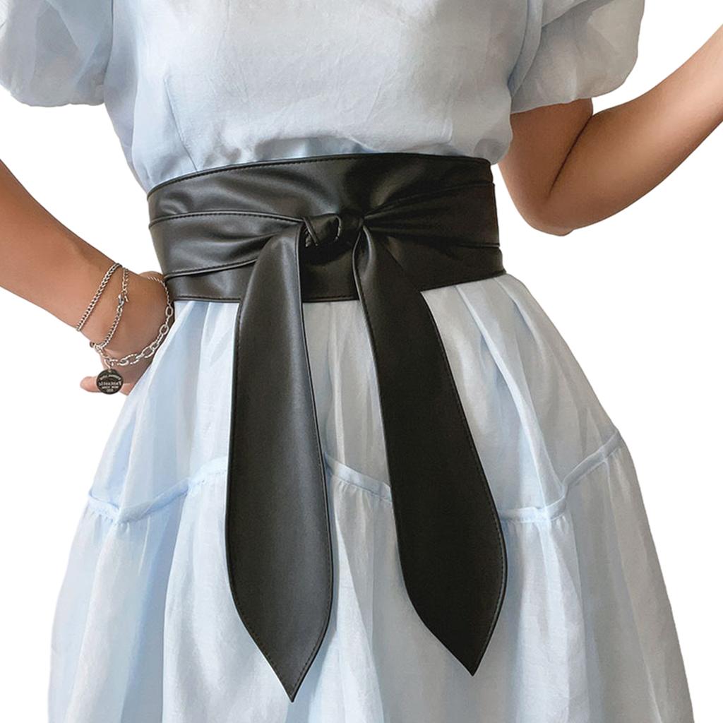Waist Belt Obi Belt Knotted Self Tie Wrap Belt for Wrap Dress Halter Dress Wide Cinches Belt Soft PU Tie Up for Girls