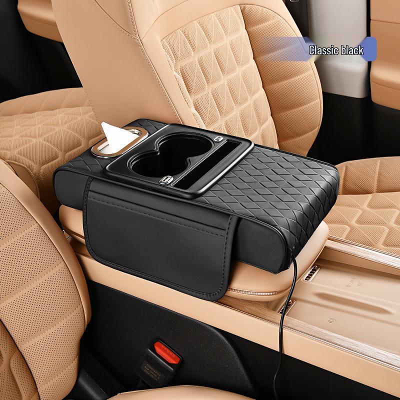 Rhombus Charging Car Armrest with Nappa Leather, Dual Cup Holder, Storage & Tissue Box.