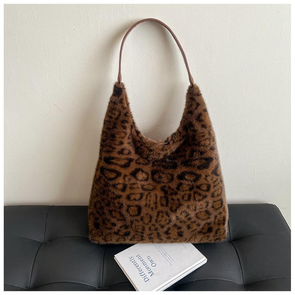 Hobo Bag for Women Plush Black Leopard Print Single Shoulder Carry Daily Use