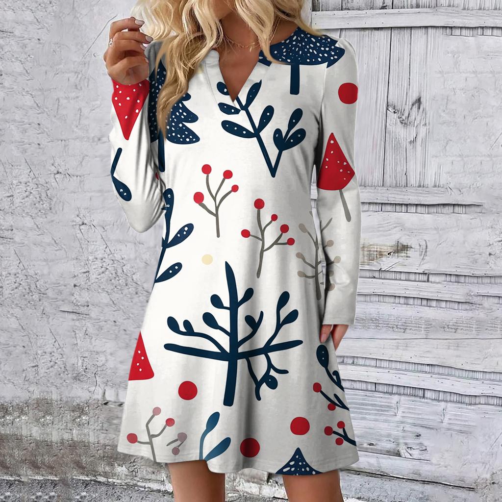 Women's Christmas Printed Dress Loose V-neck Casual Long Sleeved Dress