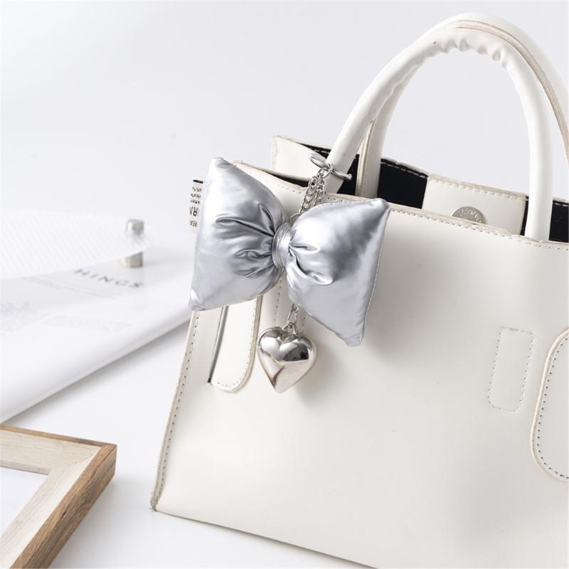 Sweet Lovely PU Leather Bowknot Heart Keychains Pendant Hangings Ornament Keyring Backpack Decoration for Women Girls