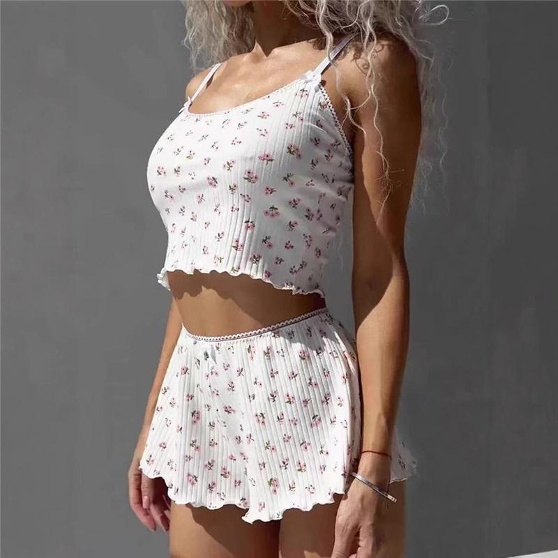 

Европейский и американский женский костюм с шортами на бретелях без рукавов, свежий цветочный принт на талии, домашняя пижама S белый