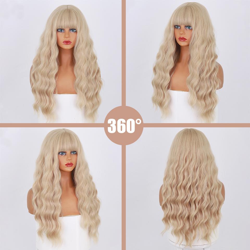MISS WIG Women Long Wavy Wig with Bangs Synthetic Fiber Light Blonde Daily Wear Long Water Wave Wig Black Brown Ombre Color