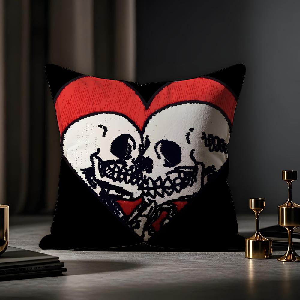 Cool Skull Heart Print Cushion Cover Anti-dustmite Pillowcase Invisible Zipper Silky Short Plush Sofa Cushion Cover