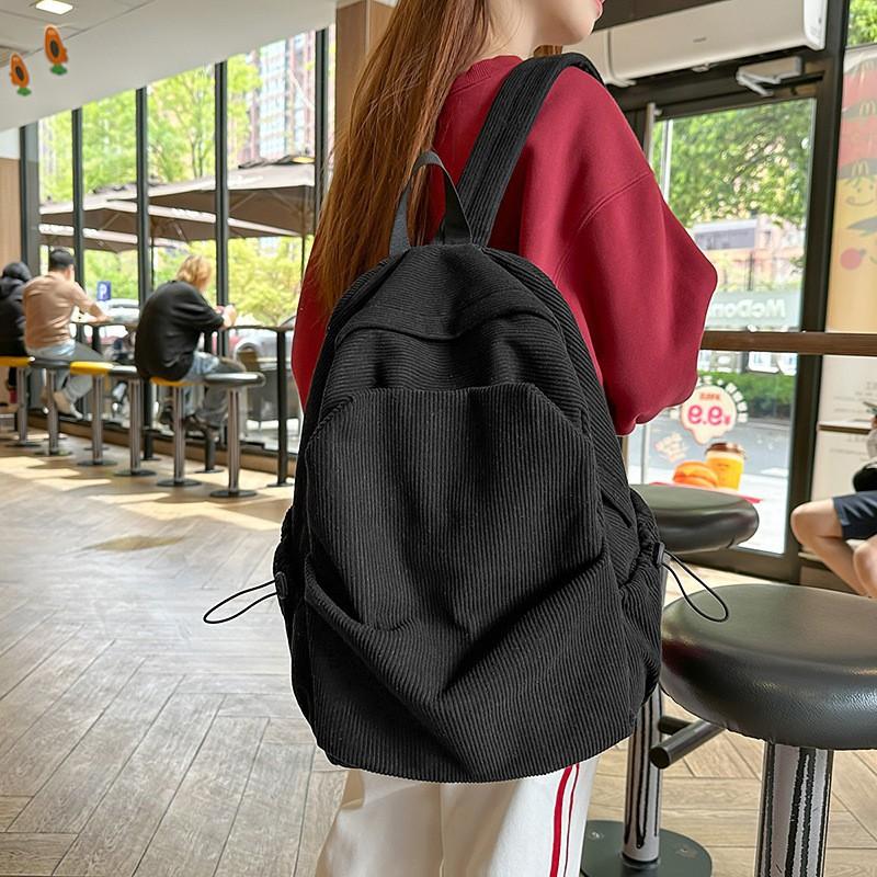 2025 New Corduroy Solid Color Backpack Female College Students 'schoolbag Simple Korean Style Japanese