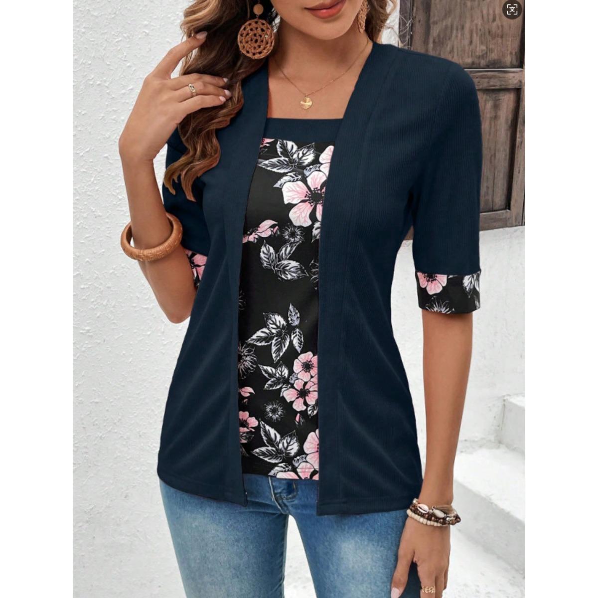 

Spring Summer Loose Short Sleeve T-shirt, Color Block Spliced Fake Two-piece Casual Top for Cross-border Women S тёмно-синий