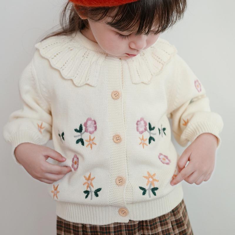 Korean Style Spring and Autumn Lapel Knitted Cardigan for Small and Medium-sized Children, Girls, Embroidery, Children's Sweater Jacket