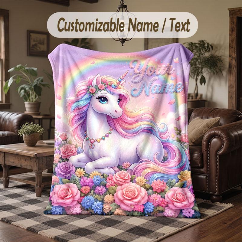 Einhorn-Thema Decke mit individuellem Namen und Text Personalisierte Decke Weiche Gemütliche Decke für Zuhause Sofa Bett