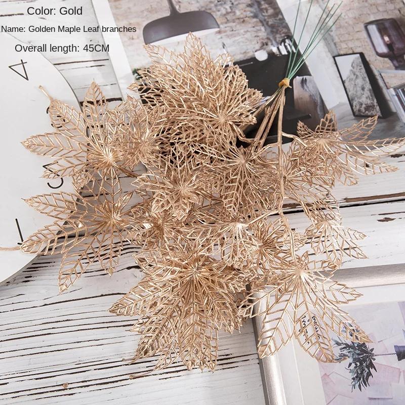 6pcs/set Artificial Flower Gold Christmas Flower New Year Flower Spray Gold Accessories Home Decoration Christmas Fake Flowers