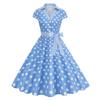 Damen Vintage Reverskragen Patchwork Polka Dot Ausgestelltes Kleid mit gestreiftem Taillengürtel Knopfleiste Vorne Retro Stil Swing Kleid