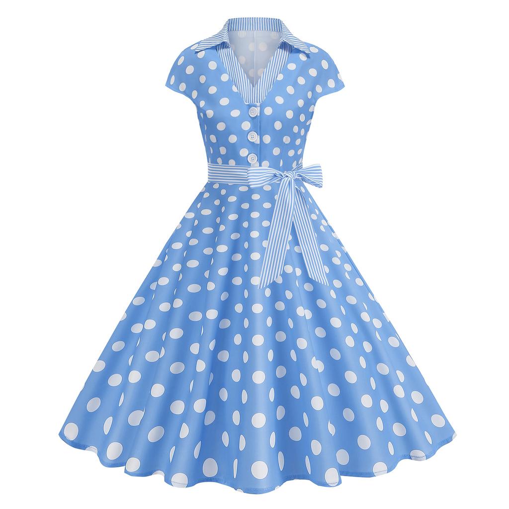 Damen Vintage Reverskragen Patchwork Polka Dot Ausgestelltes Kleid mit gestreiftem Taillengürtel Knopfleiste Vorne Retro Stil Swing Kleid
