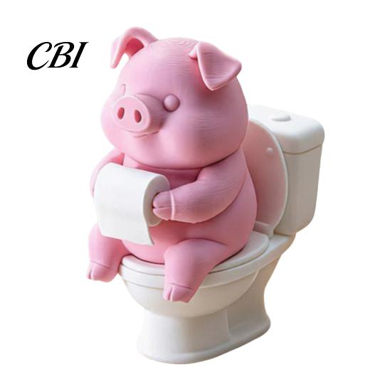 Detailed 3D Printed Model Cute Pig On Toilet Figurine, Funny Bathroom Desk Decor with Paper Decoration Roll, Humorous Sculpture for Shelf Office