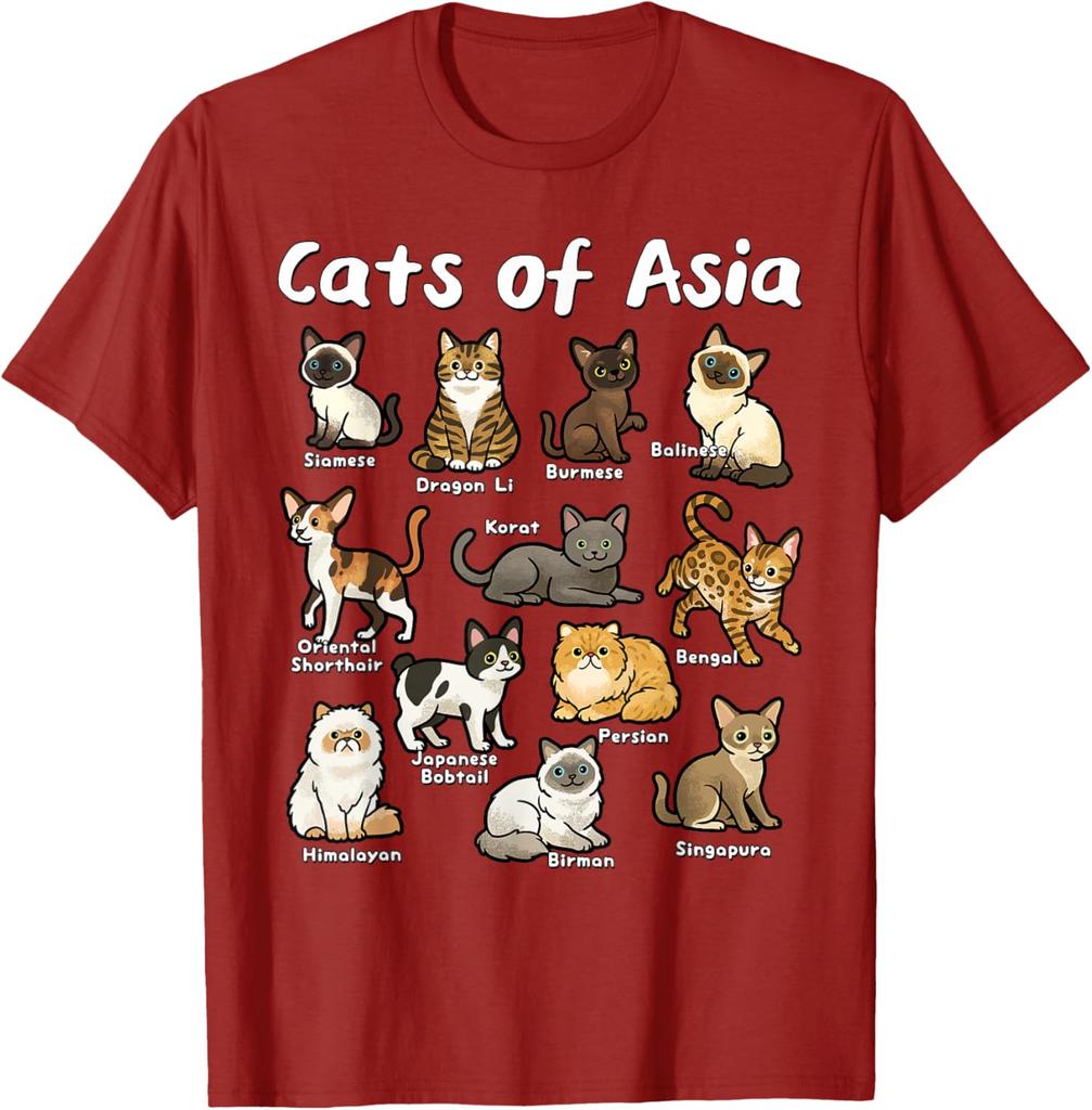 Cats of Asia Breeds Graphic Tee Casual Cotton Short Sleeve T-Shirt for Men Trip