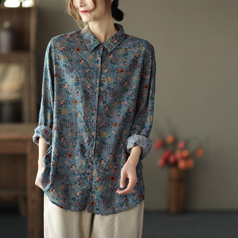 Frühlings- und Herbst-Langarmhemd aus reiner Baumwolle mit Vintage-Kunst-Blumenmuster für Damen, lässig, vielseitig, lockeres Baumwoll-Hanf-Oberteil