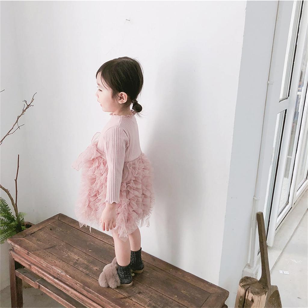 Miipat Baby Knit Tulle Long Sleeve Formal Perfect for Shrine Kindergarten Entrance and Photo Shoots Size Girl's Dress, Autumn/Winter Dress, Visits,