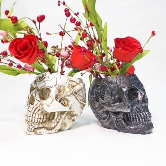 Skull Flower Pot Hand-Painted Resin Gothic Planter Decorative Flower Pot Candy Bowl for Home Office Halloween Decor