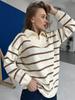 European and American Half-Zip Turn-Down Collar Color Block Loose Plus Size Striped Knitted Sweater Coat