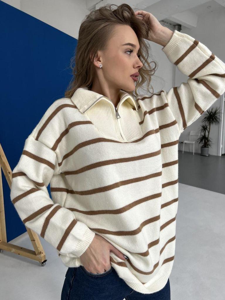 European and American Half-Zip Turn-Down Collar Color Block Loose Plus Size Striped Knitted Sweater Coat