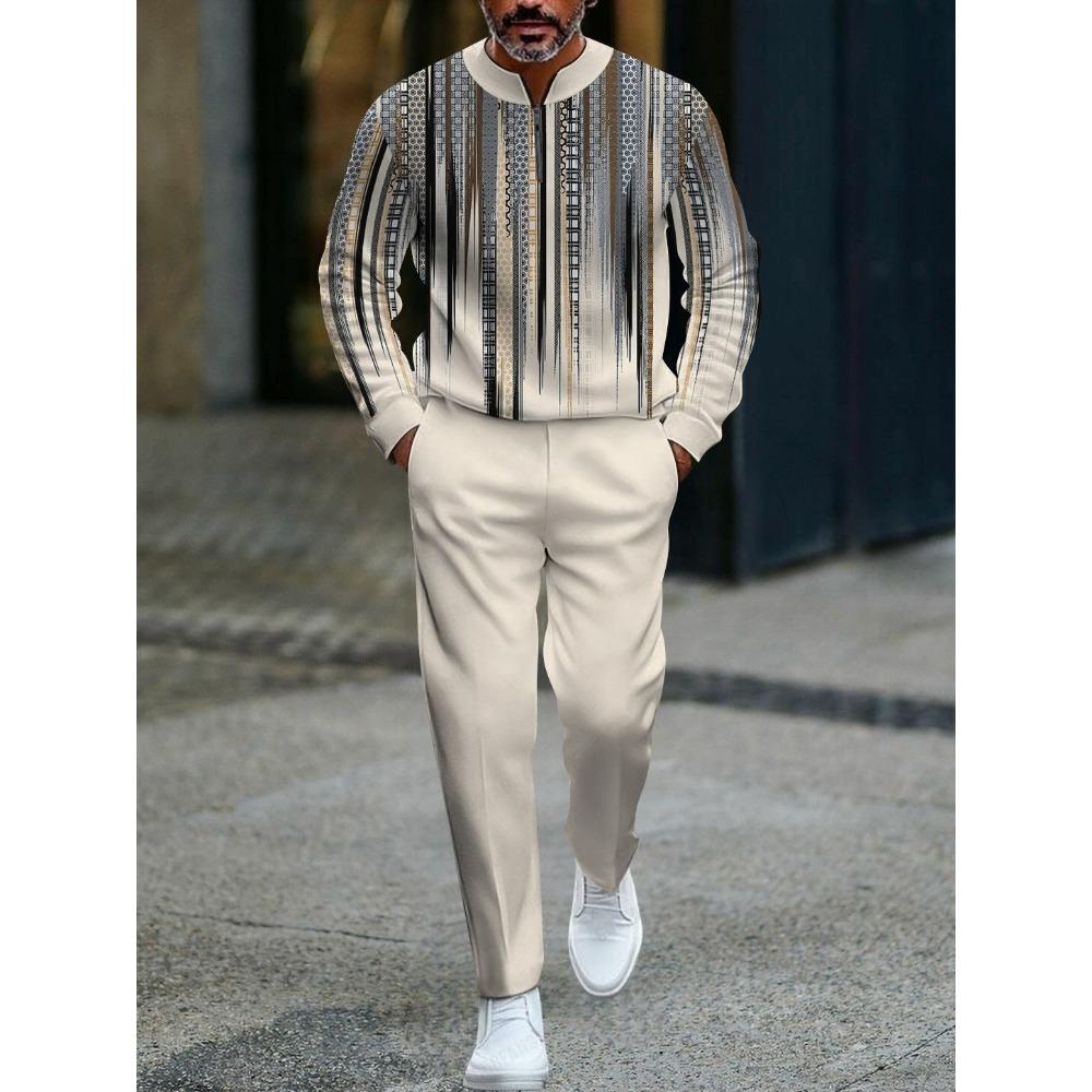 Spring Autumn 3D Printed Fashion Cool Men's Long-Sleeved Sets Half-Zipper Stand-Up Collar Men's Casual Sportswear Two-Piece set