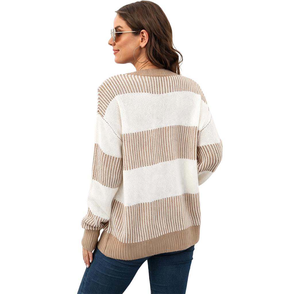 Women's Loose Fit Woven Sweater with Color Block Stripes - Casual Long Sleeve Pullover for Fall Winter