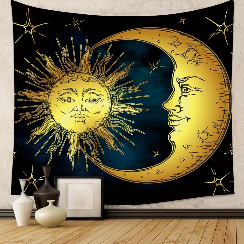Boho Chic Wall Tapestry With Moon Phase Floral Starry Sky Design Bedroom Yoga Studio Decor