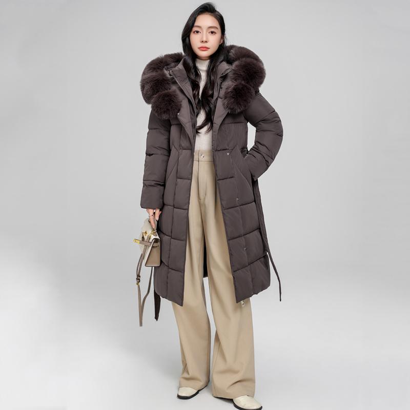 Dam Vinter Långa Kappor Med Huva Stor Fuskpäls Krage Elegant Tjock Varm Vinterparkas Kvinnlig Jacka Med Bälte