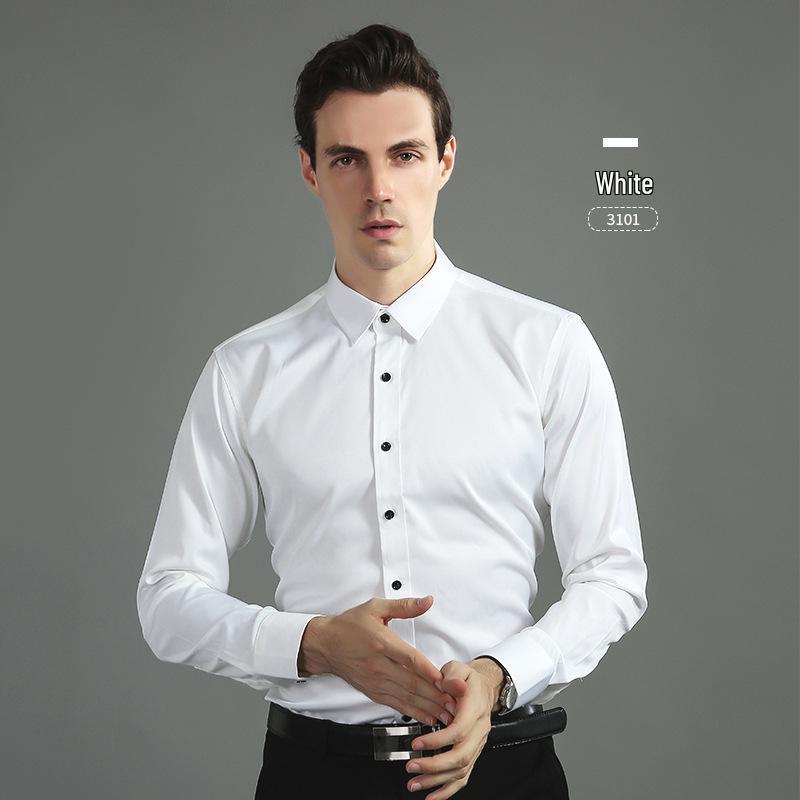 Men's Korean Style Slim Fit Solid Color Iron-Free Stretch Breathable Business Casual Long Sleeve White Shirt.
