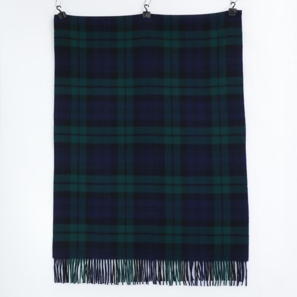 JOHNSTONS [Excellent condition] Tartan cashmere fringe stole / Scarf Navy / GreenUsed