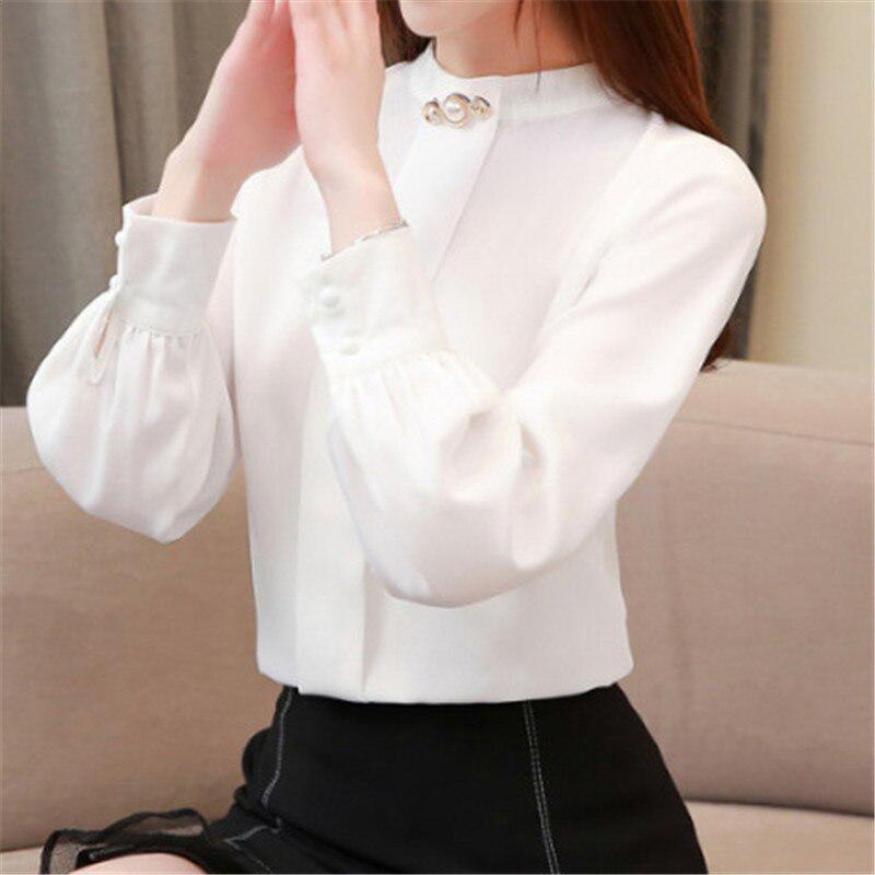 Spring Women Chiffon Blouse Shirt Elegant Beading Office Blouse Plus Size Casual Solid Stand Long Sleeve Tops