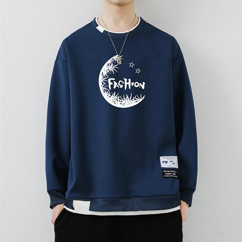 Spring New Men's Pullover Round Neck Printed Contrast Long-Sleeved Fake Two-Piece Sweaters